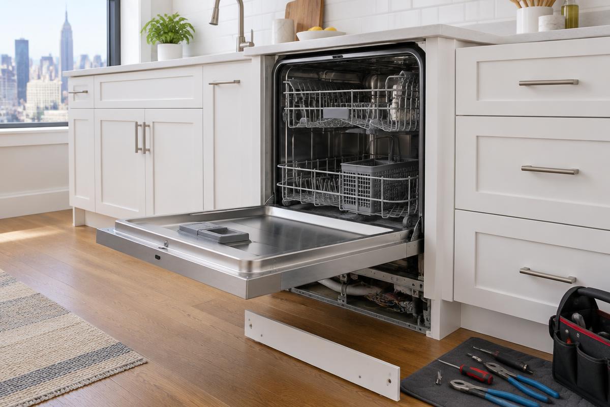 Open unbranded built-in dishwasher with wire racks and tools nearby