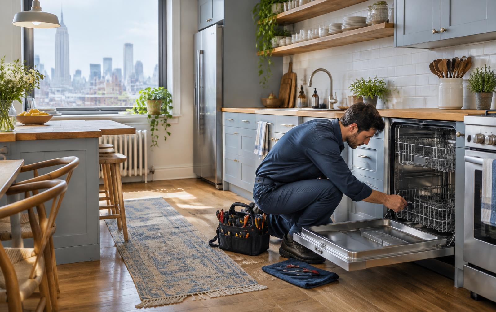 Technician repairing a dishwasher in a New York apartment kitchen