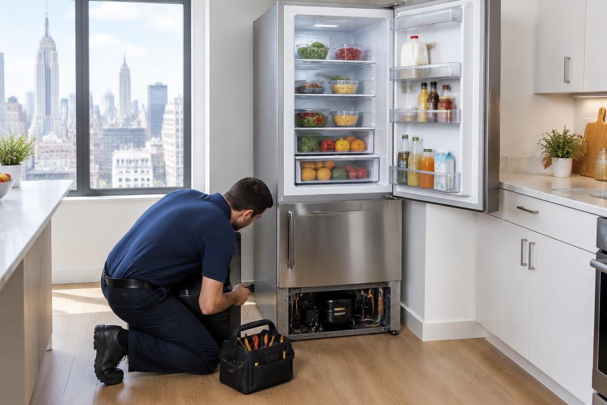 Technician inspecting an open unbranded refrigerator in a New York kitchen