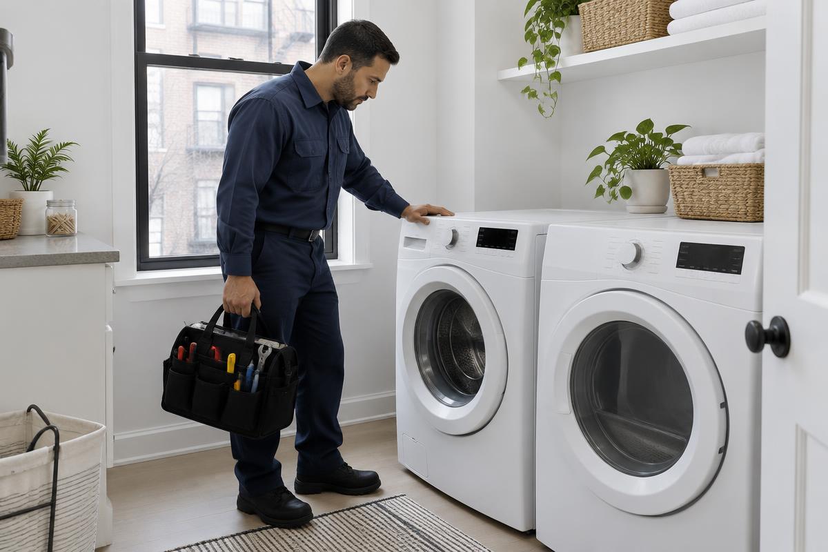 Technician checking a washing machine in a New York home