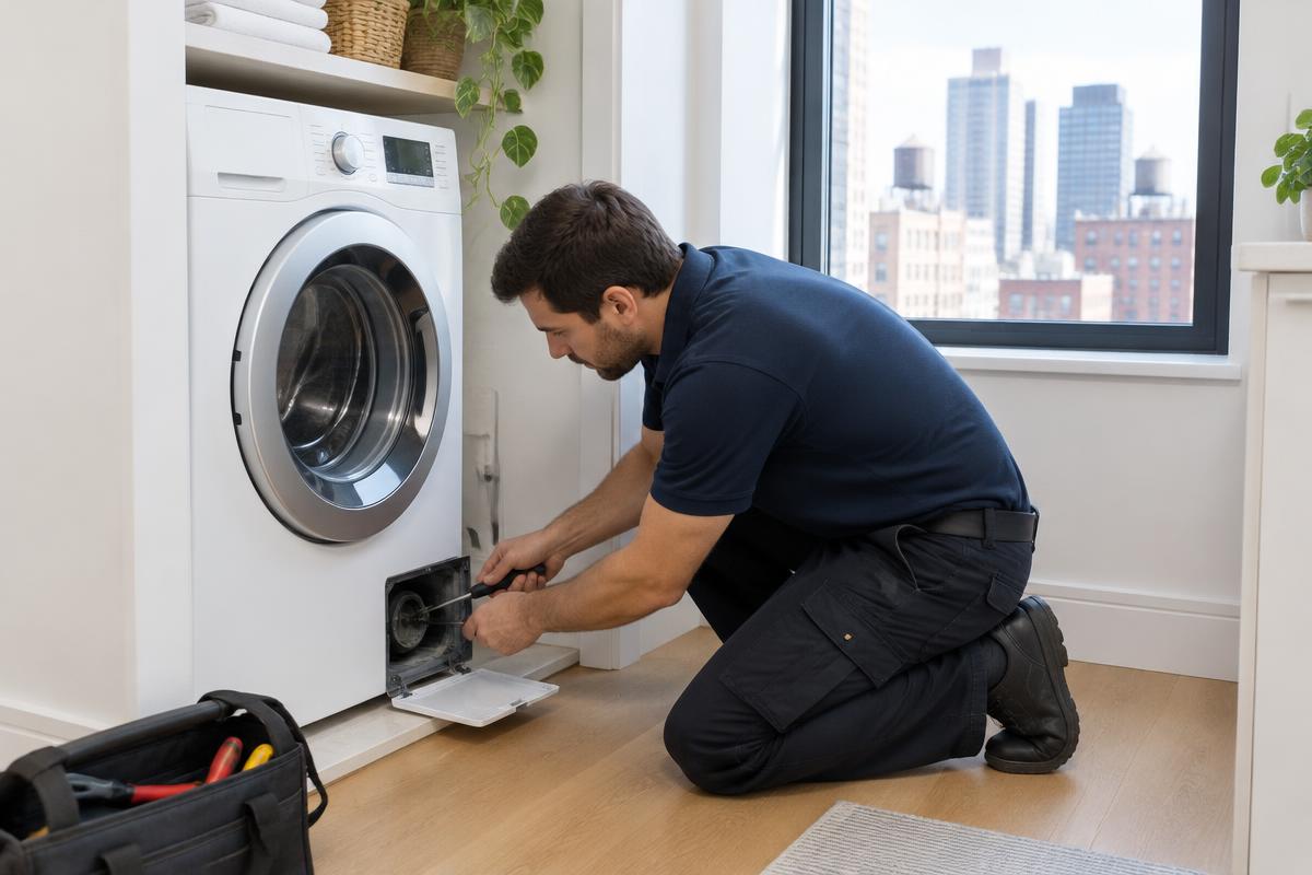 Technician repairing an unbranded front-loading washer in a New York apartment
